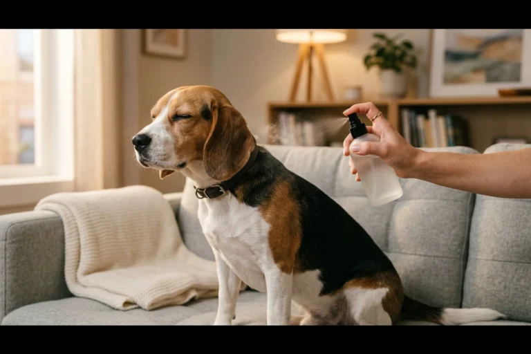 A tricolor beagle sitting on a light gray sofa with eyes closed contentedly as a hand mists a fine spray of dog cologne from an unbranded frosted glass bottle, illustrating the best dog cologne options for indoor dogs that smell again between baths.
