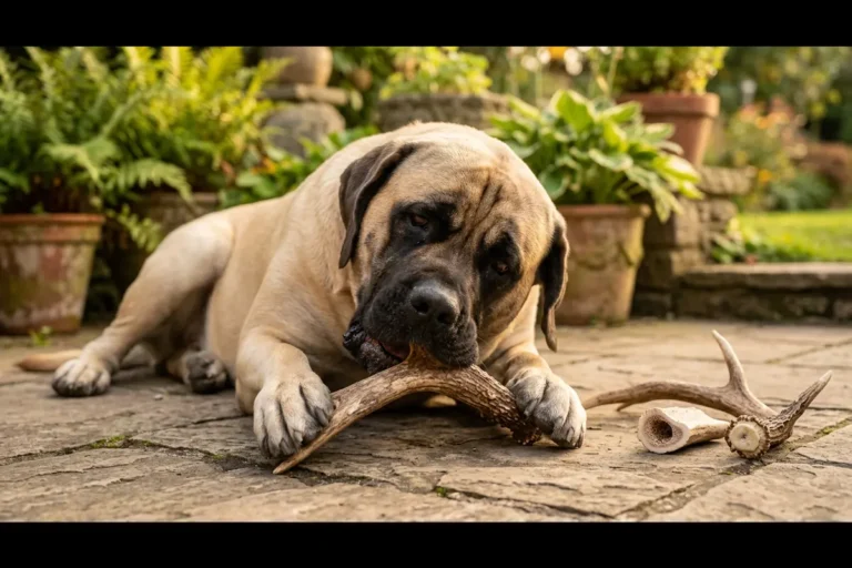 A fawn english mastiff with a black mask lying on a flagstone patio powerfully gnawing a whole natural deer antler, with split and whole antlers resting on the warm stone nearby, illustrating the best antlers for dogs that destroy ordinary chews in minutes.