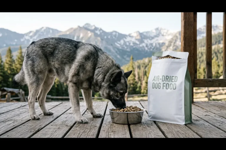 A gray norwegian elkhound eating air-dried dog food from a stainless bowl on a wooden ranch deck beside a white bag labeled air-dried dog food, with rugged mountains softly blurred behind, illustrating Badlands Ranch dog food facts to know before buying air-dried food for your dog.