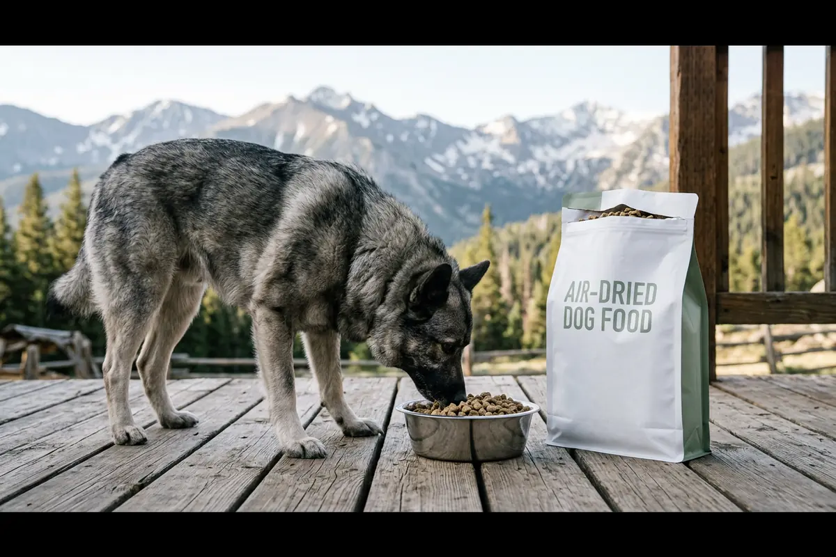 A gray norwegian elkhound eating air-dried dog food from a stainless bowl on a wooden ranch deck beside a white bag labeled air-dried dog food, with rugged mountains softly blurred behind, illustrating Badlands Ranch dog food facts to know before buying air-dried food for your dog.