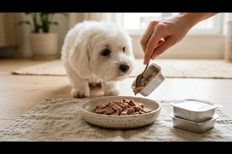 A fluffy white coton de tulear eating a sliced wet loaf meal from an elegant ceramic dish as a hand scrapes the loaf from a small plain tray, with more sealed trays stacked beside the placemat in a stylish apartment, illustrating Cesar dog food trays and recipes for small dogs that refuse ordinary kibble.