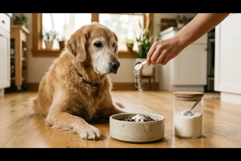 A senior golden retriever with a graying muzzle sitting patiently as a hand sprinkles white collagen supplement powder from a scoop onto its kibble beside a clear glass jar, illustrating the best collagen for dogs with aging joints, reduced mobility, or dull coats.