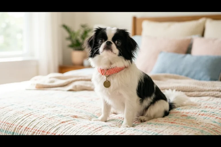 A black and white japanese chin sitting on a pastel bedspread wearing a coral-pink polka-dot cotton collar with a small blank brass tag, illustrating cute dog collars that combine personality, comfort, and everyday durability.