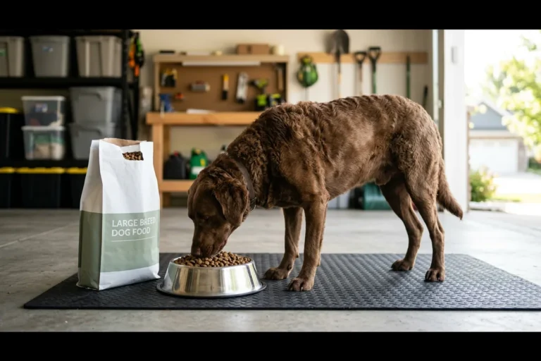 A large wavy chocolate chesapeake bay retriever eating kibble from a big stainless bowl beside a white bag labeled large breed dog food in a clean family garage open to daylight, illustrating Diamond Naturals dog food formulas for large breeds, active dogs, and tight budgets.