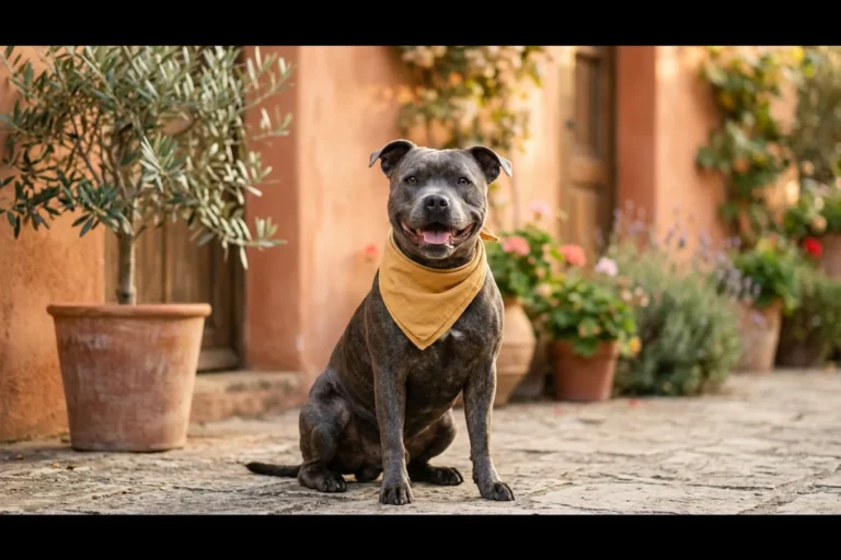 A blue brindle staffordshire bull terrier sitting in a sunny courtyard against a warm terracotta painted wall, wearing a soft mustard-yellow cotton bandana knotted neatly around its neck, illustrating the best dog bandanas for stylish dogs that need comfortable, photo-ready accessories.