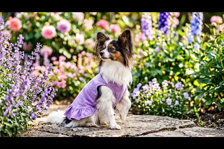 A papillon with large butterfly ears sitting comfortably on a stone patio in a sunny spring garden, wearing a soft lavender cotton dress with a simple ruffle hem that fits loosely for easy movement, illustrating dog dresses for small-dog owners who want comfort without the costume struggle.