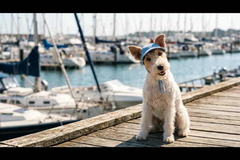 A wire fox terrier sitting on a wooden dock boardwalk wearing a light-blue baseball-style dog hat with a chin strap fastened securely under its chin, with moored sailboats and sparkling sea softly blurred behind, illustrating the best dog hats for sun protection, secure fit, and irresistible photos.