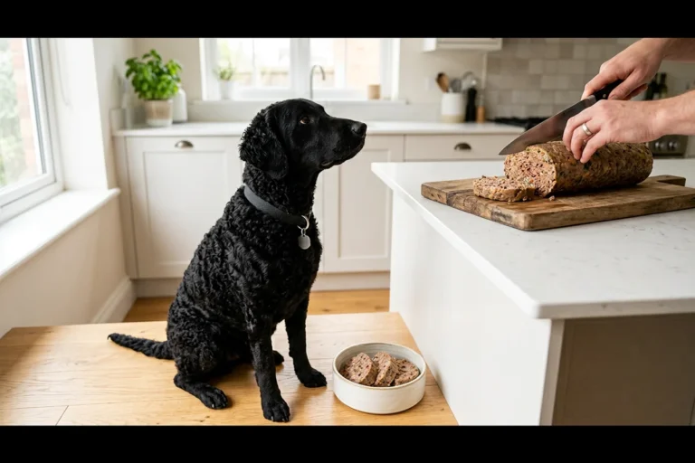 A black curly-coated retriever sitting beside a kitchen island while a hand slices a thick portion from a plain fresh dog food roll on a wooden cutting board, with a ceramic bowl of fresh slices waiting on the floor, illustrating Freshpet dog food reviews for owners considering the switch from dry kibble.