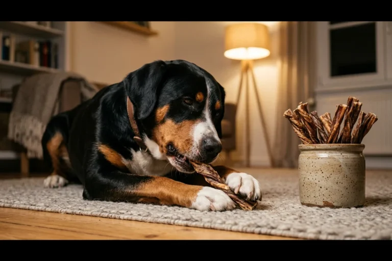 A tricolor greater swiss mountain dog lying on a soft rug in a cozy living room gnawing a long twisted meaty chew stick between its front paws, with a ceramic crock filled with more chews beside it in warm evening lamplight, illustrating GOOD 'N' FUN dog chews for dogs that crave flavor and long-lasting entertainment.