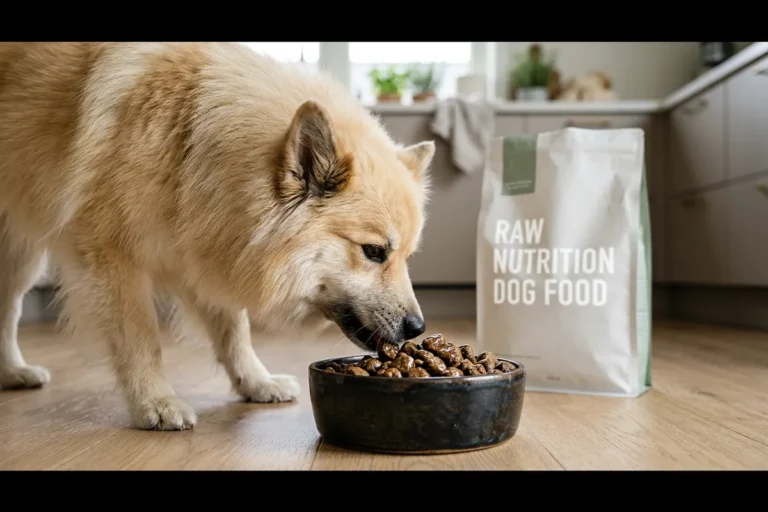 An icelandic sheepdog eating glossy raw-coated kibble from a dark ceramic bowl with a white bag labeled raw nutrition dog food softly blurred behind in a modern kitchen, illustrating Instinct dog food recipes for owners exploring raw-inspired nutrition without the mess.