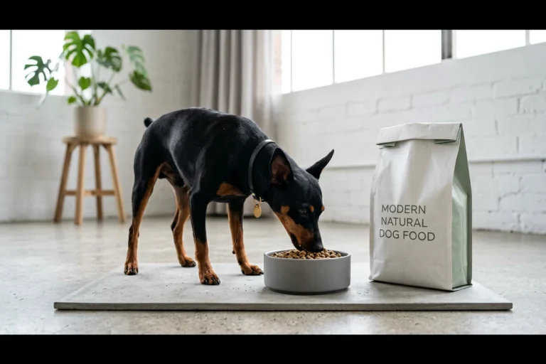A sleek black and tan miniature pinscher eating kibble from a matte gray ceramic bowl beside a white bag labeled modern natural dog food in a bright minimalist loft apartment, illustrating Jinx dog food recipes for modern pet parents seeking convenient everyday nutrition.