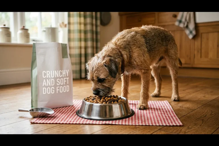A wheaten border terrier eating mixed-texture dog food with round crunchy kibble and darker soft chewy bits from a stainless bowl on a checkered mat beside a white bag labeled crunchy and soft dog food, illustrating Kibbles 'n Bits dog food varieties for picky dogs and budget-conscious households.