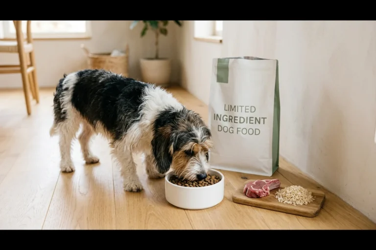 A scruffy tricolor petit basset griffon vendeen eating limited-ingredient kibble beside a wooden board holding only lamb and brown rice, with a white bag labeled limited ingredient dog food behind in a serene minimalist dining corner, illustrating Natural Balance dog food formulas for dogs with food sensitivities or limited diets.