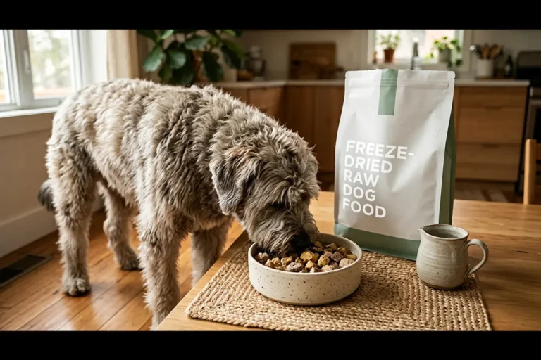 A shaggy gray-fawn bouvier des flandres eating rehydrated freeze-dried raw dog food with moist softened nuggets from a ceramic bowl, beside a white bag labeled freeze-dried raw dog food and a stoneware pitcher of warm water, illustrating Nutra Complete dog food facts to know before switching to freeze-dried raw.