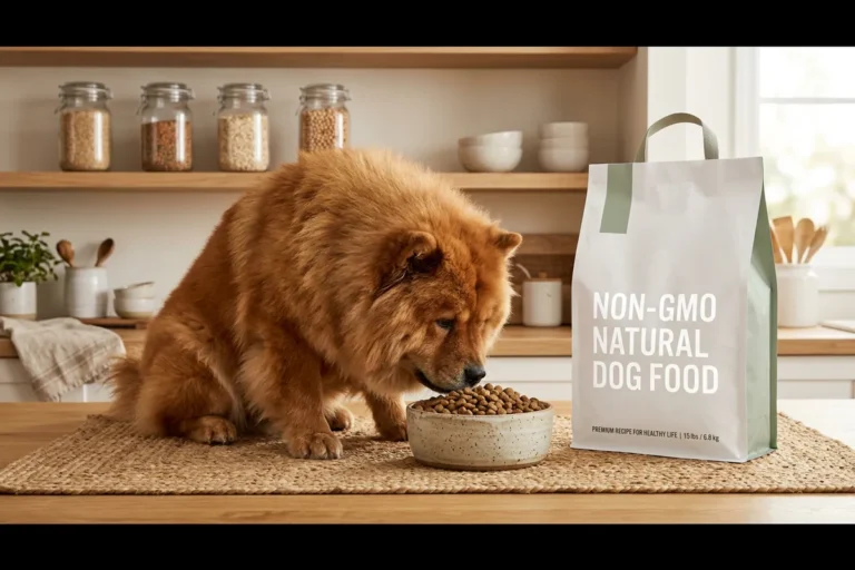 A cinnamon chow chow eating kibble from a wide ceramic bowl beside a white bag labeled non-gmo natural dog food in a bright kitchen with glass jars of recognizable whole ingredients on open shelves, illustrating Nutro dog food recipes for owners who prioritize recognizable ingredients and life-stage nutrition.