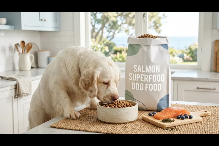 A milky white clumber spaniel with lemon markings eating salmon kibble from a cream ceramic bowl beside a white bag labeled salmon superfood dog food and a wooden board with fresh salmon, blueberries, and dried kelp in a bright coastal kitchen, illustrating Open Farm Epic Blend salmon superfood dry dog food.