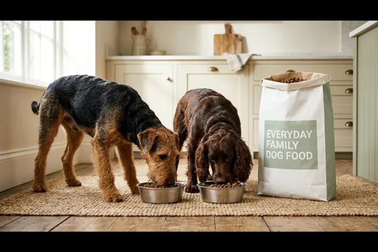 A black and tan airedale terrier and a chocolate boykin spaniel eating side by side from separate stainless steel bowls in front of one large white bag labeled everyday family dog food in a practical family kitchen, illustrating Pedigree dog food options for multi-dog homes feeding on a practical budget.