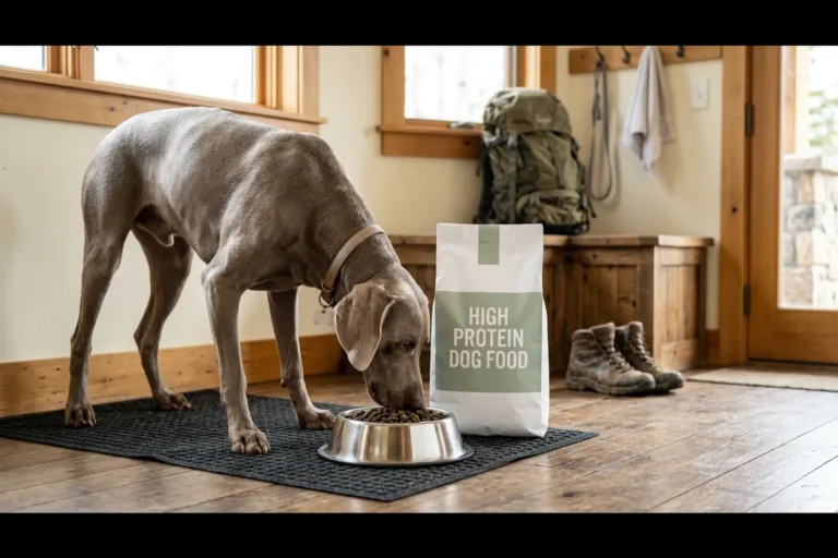 A sleek silver-gray weimaraner eating high-protein kibble from a stainless bowl beside a white bag labeled high protein dog food in a bright mudroom with hiking gear resting on a bench behind, illustrating Taste of the Wild dog food recipes for active dogs and protein-focused owners.